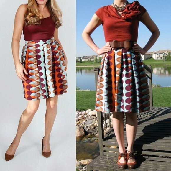 Anthropologie Dresses & Skirts - HD in Paris Anthropologie Geometric Print Pleated Silk Teal Skirt Size 12P Pocke